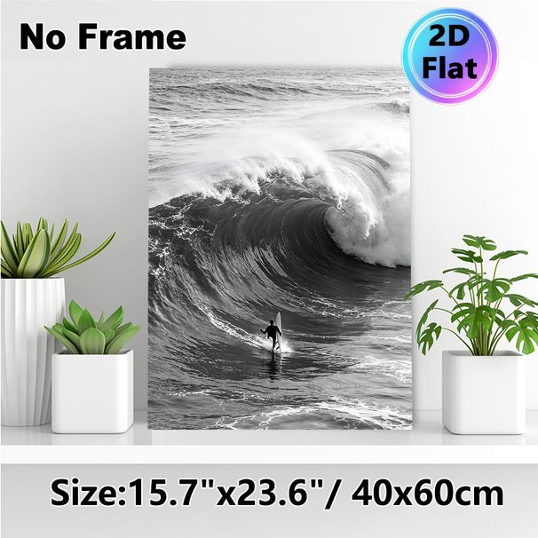 Surfing Themed Painting Poster, Monochrome Dynamic Ocean Wave & Surfer Poster, Captures Adventurous Ocean Energy, Ideal For Living Room, Bedroom And_maomaolike.com