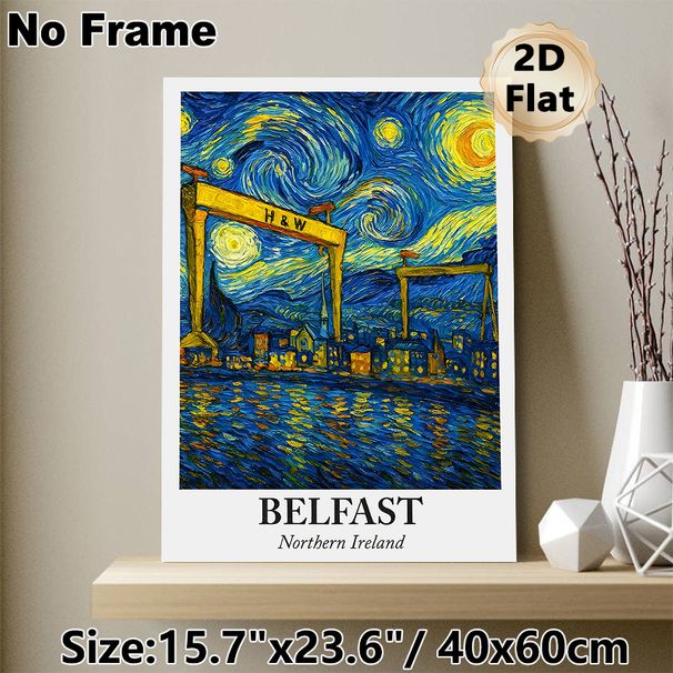 Belfast Northern Ireland Cityscape Painting Poster, Swirling Van Gogh-style Night Sky With Industrial Cranes & Waterfront Poster, Artistic City-themed_maomaolike.com
