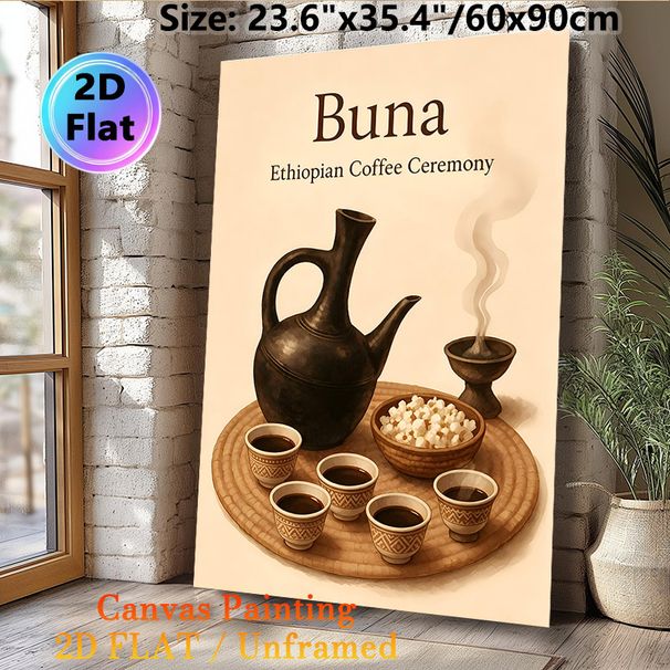 Ethiopian Buna Coffee Ceremony Painting Poster, Warm-toned Traditional Cultural Art Poster, Authentic Coffee Ritual Depiction Ideal For Coffee Shop_maomaolike.com