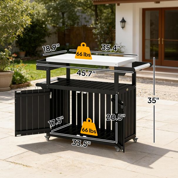 Outdoor Bar Cart With Storage, Stainless Steel Outdoor Bar Table Top, Wheeled HDPE Kitchen Island For Food Prep, Black_maomaolike.com