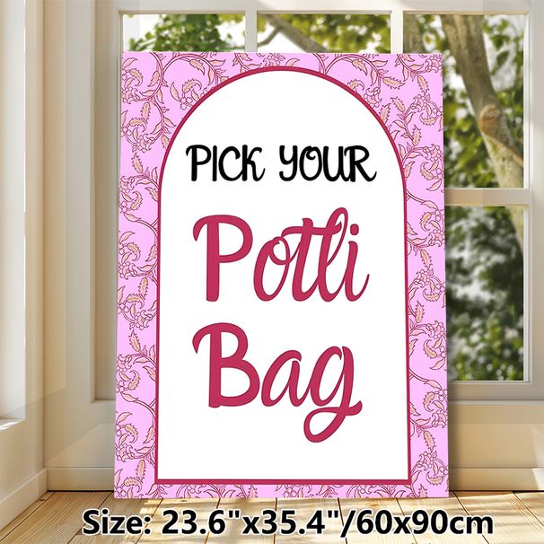 Potli Bag Themed Painting Poster, Pink Floral Patterned Border With Stylish Script Text Poster, Charming Decorative Sign Ideal For Festive Gatherings_maomaolike.com
