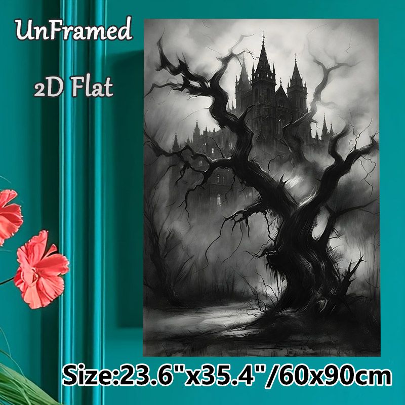 Gothic Haunted Castle Painting Poster, Monochrome Dark Gothic Style Poster, Mysterious Atmospheric Design With Twisted Bare Tree & Misty Spooky_maomaolike.com
