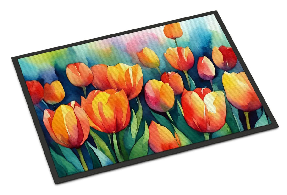 Tulips In Watercolor Doormat Front Door Mat Indoor Outdoor Rugs For Entryway, Non Slip Washable Low Pile, 24H X 36W_maomaolike.com