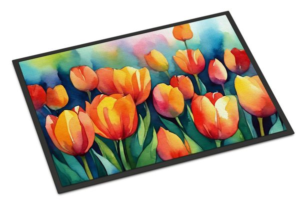 Tulips In Watercolor Doormat Front Door Mat Indoor Outdoor Rugs For Entryway, Non Slip Washable Low Pile, 24H X 36W_maomaolike.com