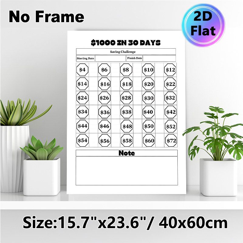 $1000 In 30 Days Saving Challenge Painting Poster, Minimalist Black-and-White Poster, Practical Saving Tracker To Monitor Progress, Suitable For Home_maomaolike.com