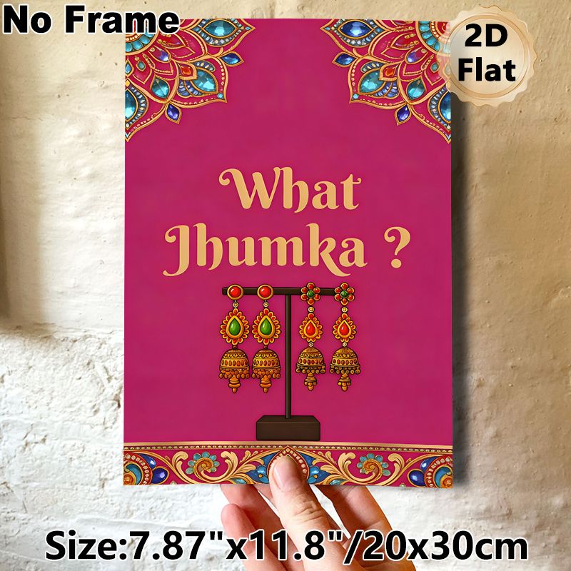 Jhumka Earring Themed Painting Poster, Vibrant Ethnic Style Poster, Pink Background With "What Jhumka?" Text & Ornate Jhumka Display, Cultural_maomaolike.com