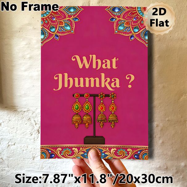 Jhumka Earring Themed Painting Poster, Vibrant Ethnic Style Poster, Pink Background With "What Jhumka?" Text & Ornate Jhumka Display, Cultural_maomaolike.com