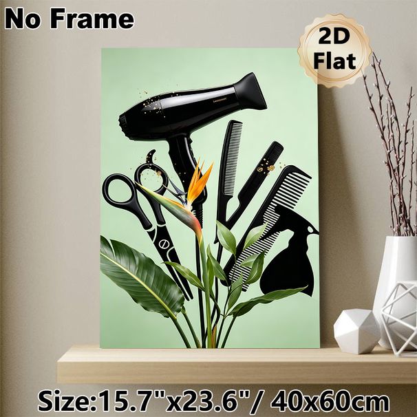 Hairdressing Tools & Bird Of Paradise Themed Painting Poster, Sleek Black Salon Supplies With Tropical Floral Poster, Stylish Artistic Decor Ideal For_maomaolike.com
