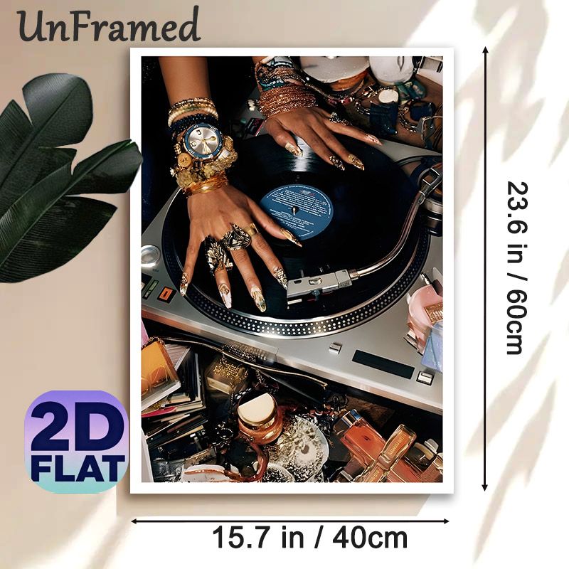 DJ Turntable & Glamorous Jeweled Hands Painting Poster, Luxurious Retro Style Poster, Stylish Vinyl Player & Ornate Hands Design, Adds Artistic Flair_maomaolike.com