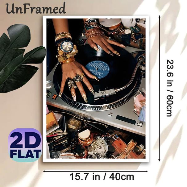 DJ Turntable & Glamorous Jeweled Hands Painting Poster, Luxurious Retro Style Poster, Stylish Vinyl Player & Ornate Hands Design, Adds Artistic Flair_maomaolike.com