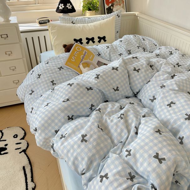 Wholesale INS Girl Heart Korean Style Plaid Bowknot Pure Four-Piece Simple Full Yarn-Dyed Washed Cotton 4-Piece Set_maomaolike.com