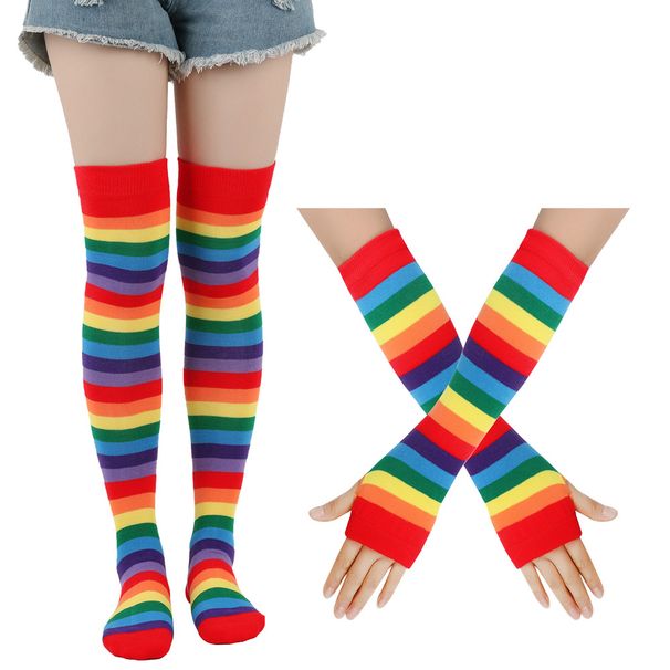 Unisex Holiday party set Colorful stockings over the knee stockings Party Rainbow stockings gloves colorful striped socks_maomaolike.com