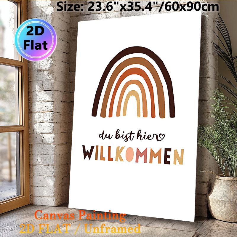 Bohemian Rainbow Welcome Painting Poster, Earthy-toned Minimalist Poster, Warm-hued Rainbow With Welcoming German Text, Inviting Decor Ideal For_maomaolike.com