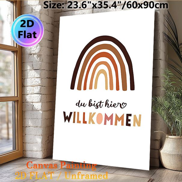 Bohemian Rainbow Welcome Painting Poster, Earthy-toned Minimalist Poster, Warm-hued Rainbow With Welcoming German Text, Inviting Decor Ideal For_maomaolike.com