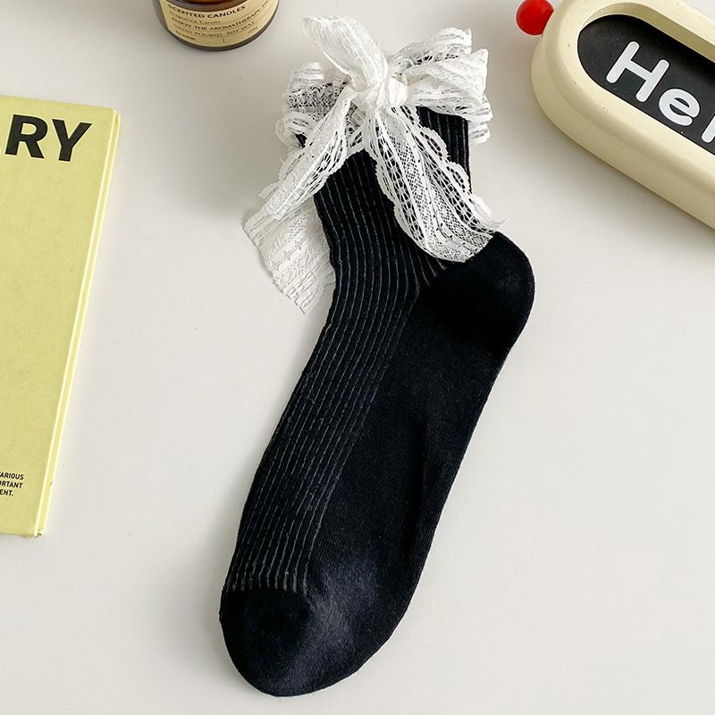 Unisex Hollow thin breathable socks women's mid-tube socks cute lace lace bow socks thin_maomaolike.com