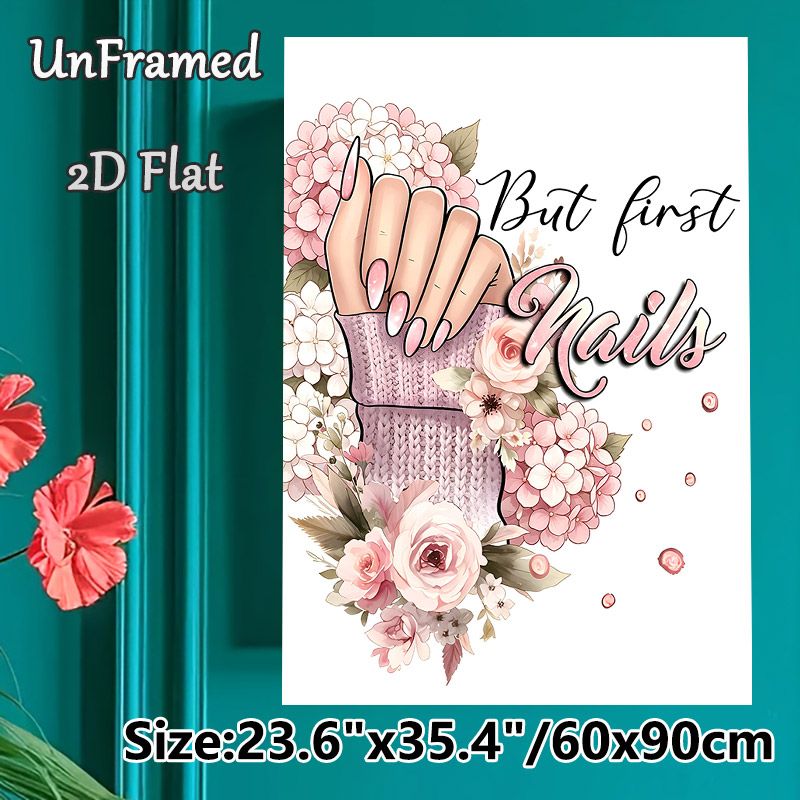 Nail & Floral Themed Painting Poster, Soft Watercolor Style Pastel Pink Manicured Hand With Blooming Flowers & "But First Nails" Text Poster, Charming_maomaolike.com