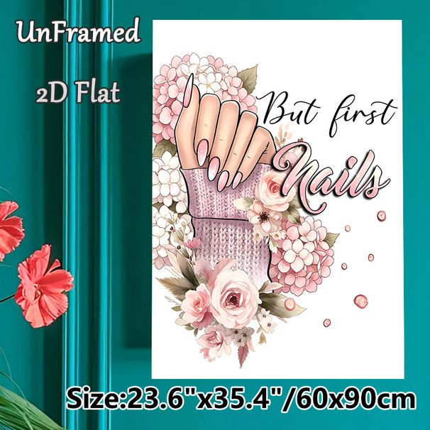 Nail & Floral Themed Painting Poster, Soft Watercolor Style Pastel Pink Manicured Hand With Blooming Flowers & "But First Nails" Text Poster, Charming_maomaolike.com