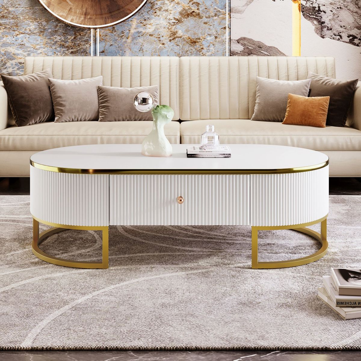 Modern Oval Coffee Table With Drawers,Curved Profile Design, Gold Metal Decor, Center Table For Living Room In 47.2"_maomaolike.com