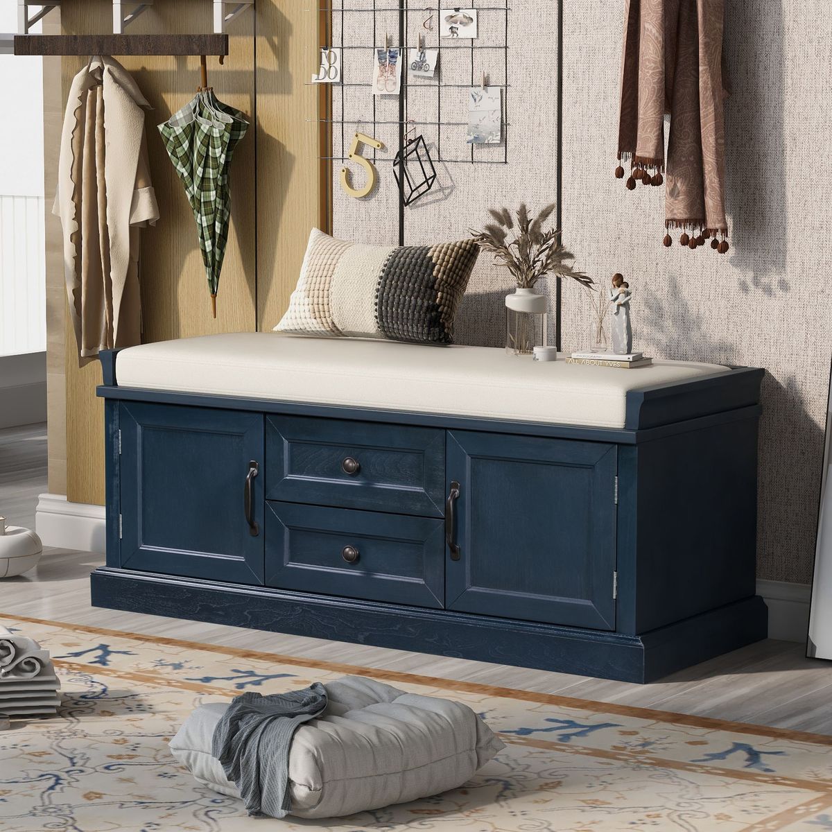 Storage Bench With 2 Drawers And 2 Cabinets,Shoe Bench With Removable Cushion For Living Room,Entryway_maomaolike.com
