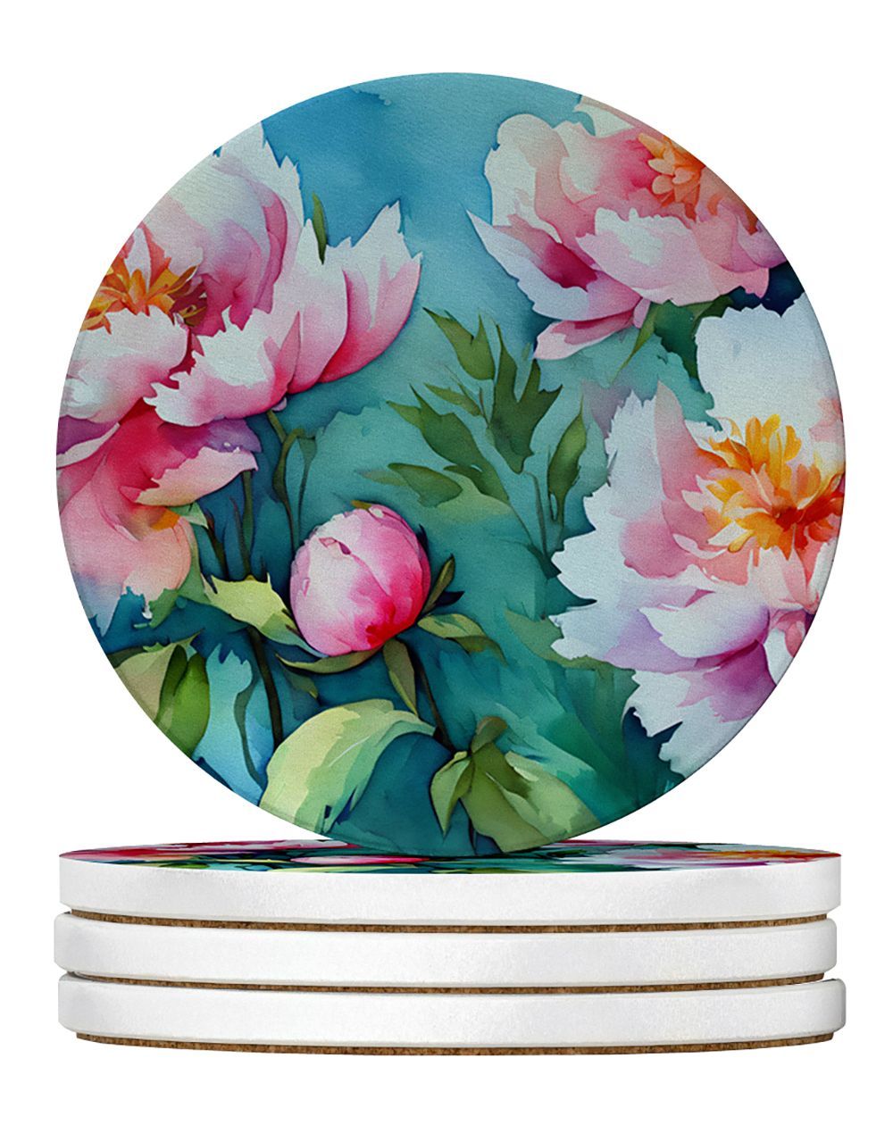 Peonies In Watercolor Large Sandstone Coasters Pack Of 4 Absorbent Round Coasters Decor Gifts For Men Or Women, 4 In, Multicolor_maomaolike.com