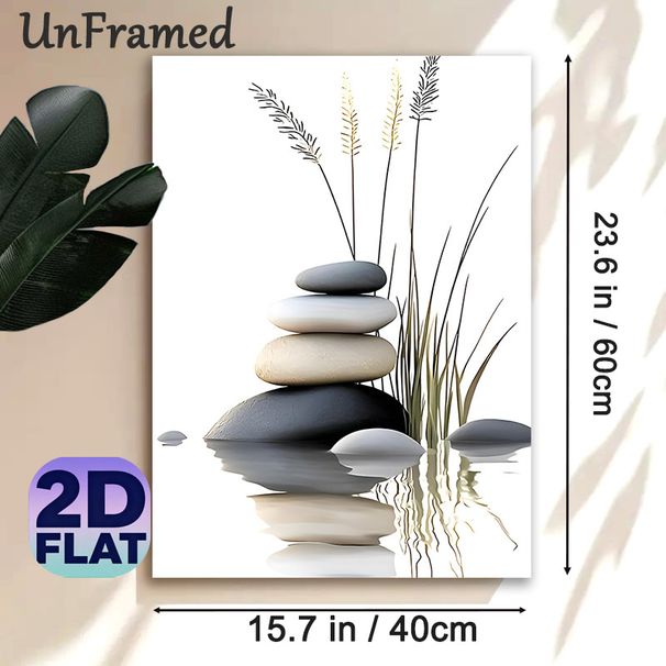 Zen Stones Painting Poster, Minimalist Serene Stacked Stones With Grass & Reflection Poster, Calming Decor Ideal For Bedroom, Meditation Space And_maomaolike.com