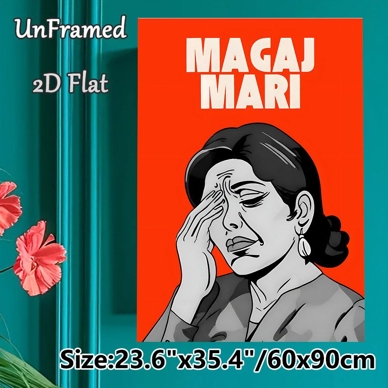 "MAGAJ MARI" Typographic Figure Painting Poster, Vibrant Retro Comic Style Poster, Bold Orange Background With Monochrome Weary Figure, Eye-catching_maomaolike.com