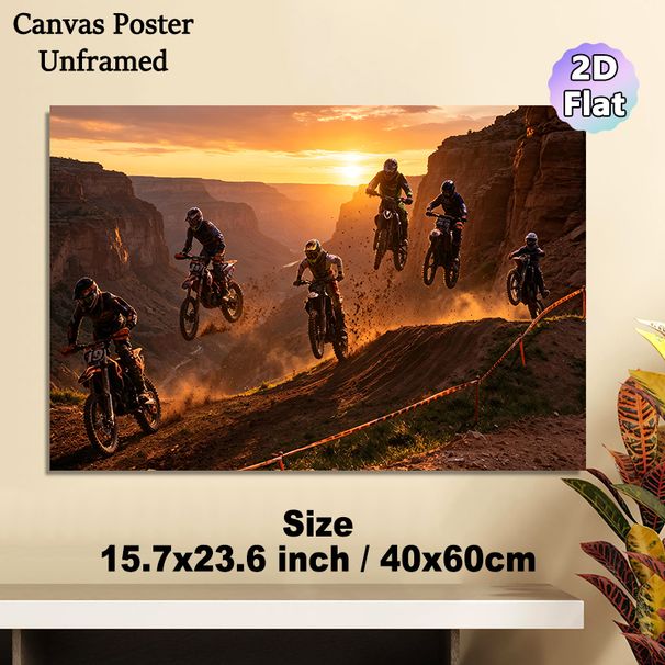 Motocross Themed Painting Poster, Dynamic Sunset Canyon Off-road Race Poster, Captures Thrilling Motocross Riding Action, Ideal For Living Room_maomaolike.com