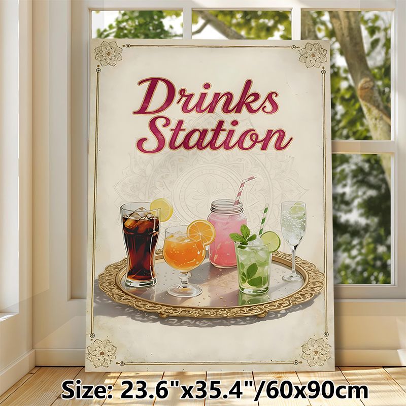 Drinks Station Painting Poster, Vintage-inspired Vibrant Assorted Drinks Poster, Charming Decorative Piece Ideal For Kitchen, Bar And Dining Area_maomaolike.com