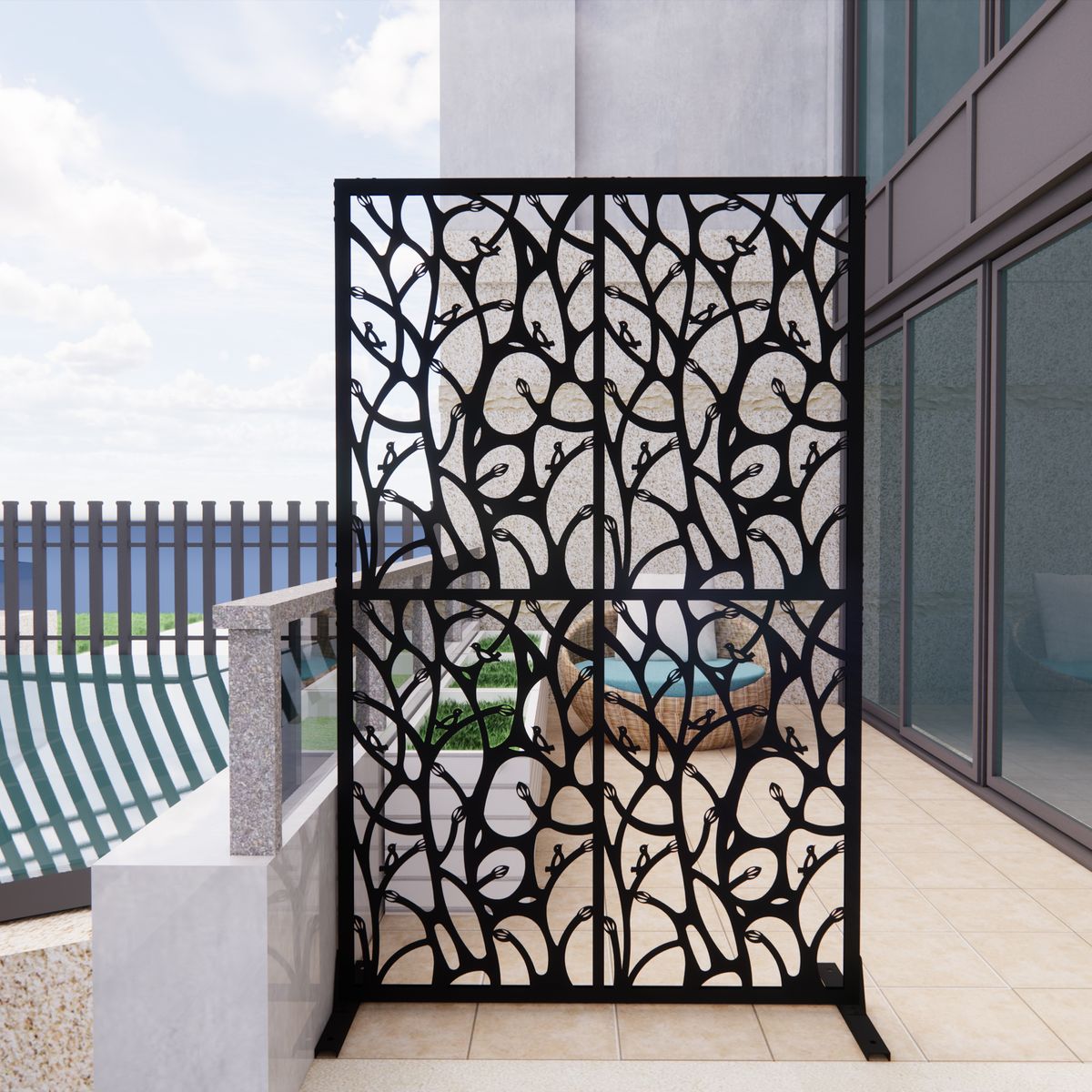 Metal Privacy Screens W3.8Ft X H6Ft Outdoor And Indoor Divider With Free Standing Decorative Privacy Screen For Balcony Patio Garden Room Divider, Black Bird Shape_maomaolike.com