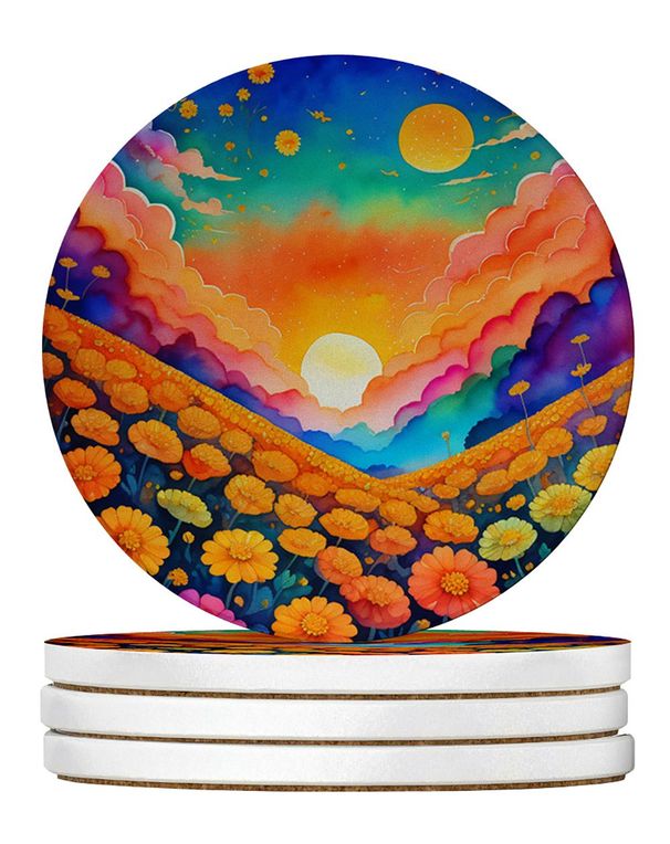 Colorful Marigolds Large Sandstone Coasters Pack Of 4 Absorbent Round Coasters Decor Gifts For Men Or Women, 4 In, Multicolor_maomaolike.com