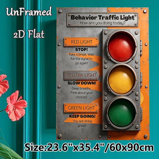 Behavior Traffic Light Painting Poster, Vintage Industrial Style Traffic Light Behavior Guide Poster, Practical Self-regulation Reminder, Suitable For_maomaolike.com