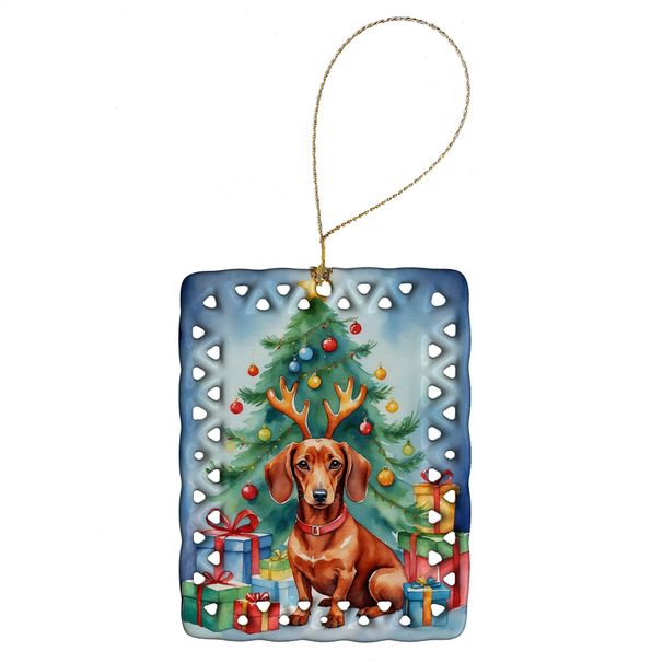 Dachshund Christmas Reindeer Porcelain Ornament Christmas Tree Hanging Decorations For Home Christmas Holiday, Rectangle, Gift, Multicolor_maomaolike.com