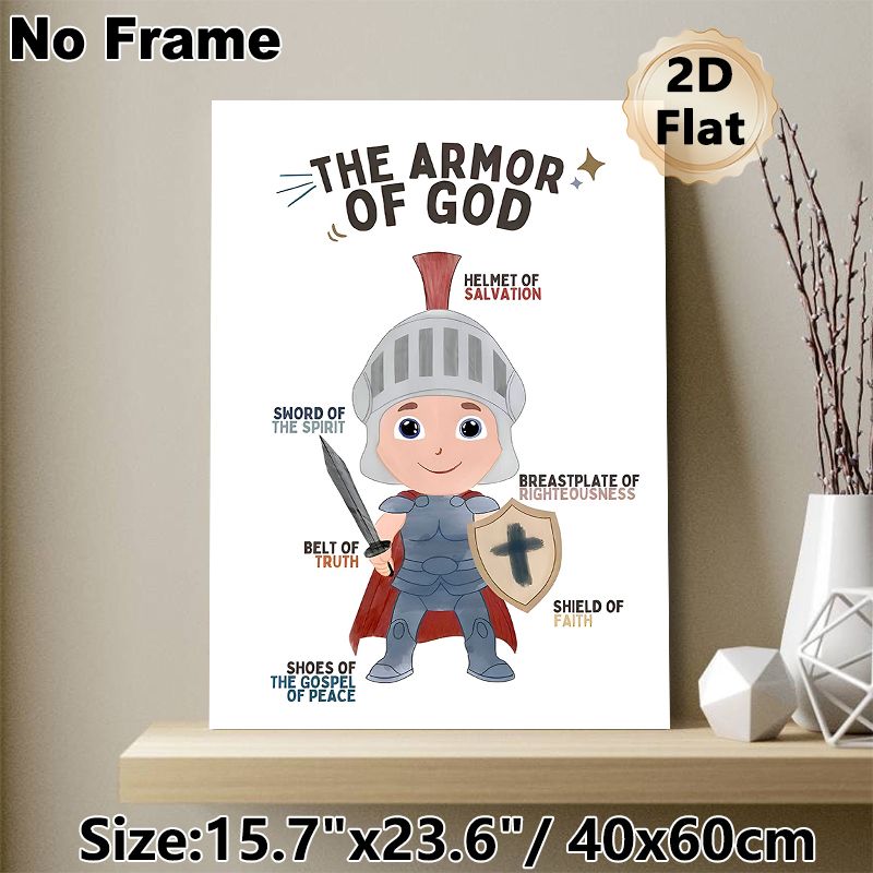 The Armor Of God Painting Poster, Cute Cartoon Warrior With Faith-themed Annotations Poster, Inspirational Religious Decor Ideal For Church, Study_maomaolike.com