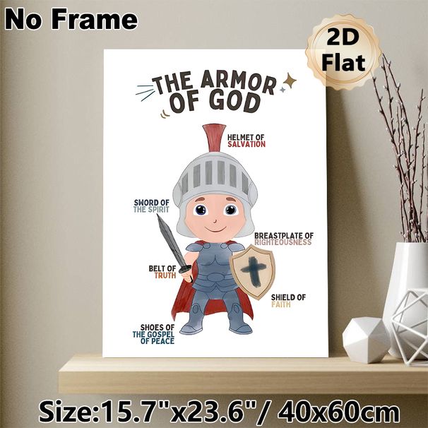 The Armor Of God Painting Poster, Cute Cartoon Warrior With Faith-themed Annotations Poster, Inspirational Religious Decor Ideal For Church, Study_maomaolike.com