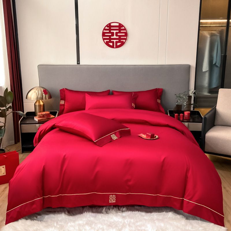 Four-Piece Skin-Friendly Washed Cotton Brushed Embroidery Four Red Wedding Quilt Cover Sheet Bed Bag Bedding Set Wholesale_maomaolike.com