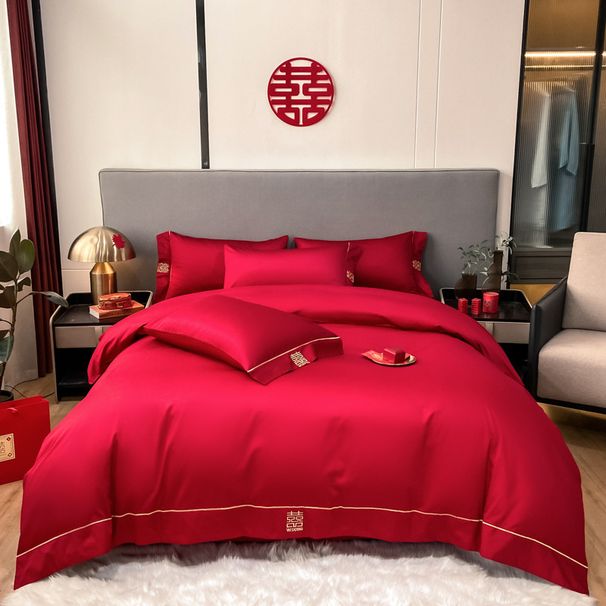 Four-Piece Skin-Friendly Washed Cotton Brushed Embroidery Four Red Wedding Quilt Cover Sheet Bed Bag Bedding Set Wholesale_maomaolike.com