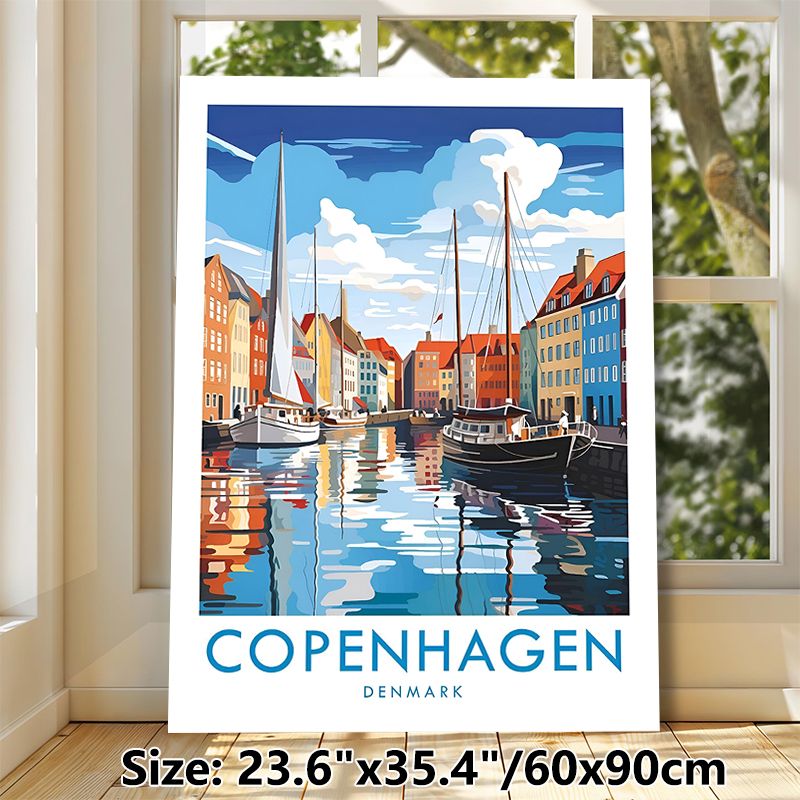 Copenhagen Harbor Themed Painting Poster, Vibrant Retro Style Poster, Scenic Waterfront With Colorful Buildings And Sailboats, Adds Charming Coastal_maomaolike.com