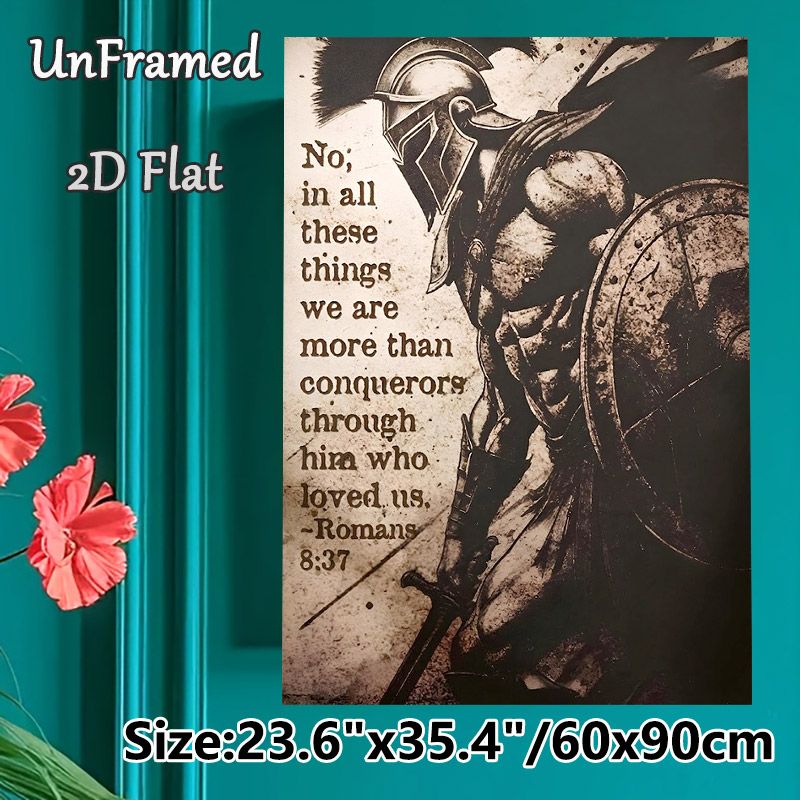 Biblical Warrior Painting Poster, Vintage Monochrome Grunge-style Warrior With Scripture Poster, Inspirational Religious Quote Decor For Home, Study_maomaolike.com