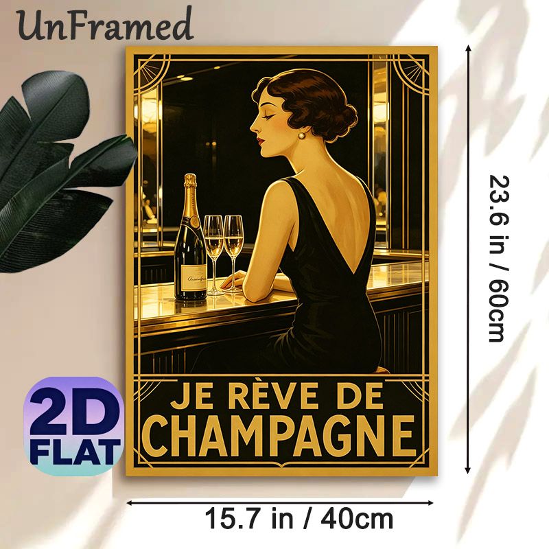 Champagne & Elegant Lady Painting Poster, Vintage Art Deco Style Luxurious Golden-toned Scene Poster, Stylish Retro Decor For Home Bar, Dining Room_maomaolike.com