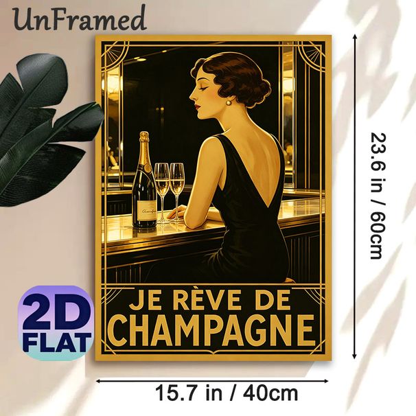 Champagne & Elegant Lady Painting Poster, Vintage Art Deco Style Luxurious Golden-toned Scene Poster, Stylish Retro Decor For Home Bar, Dining Room_maomaolike.com
