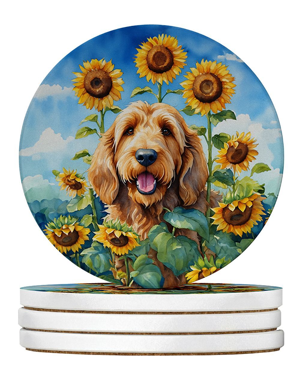 Otterhound In Sunflowers Large Sandstone Coasters Pack Of 4 Absorbent Round Coasters Decor Gifts For Men Or Women, 4 In, Multicolor_maomaolike.com