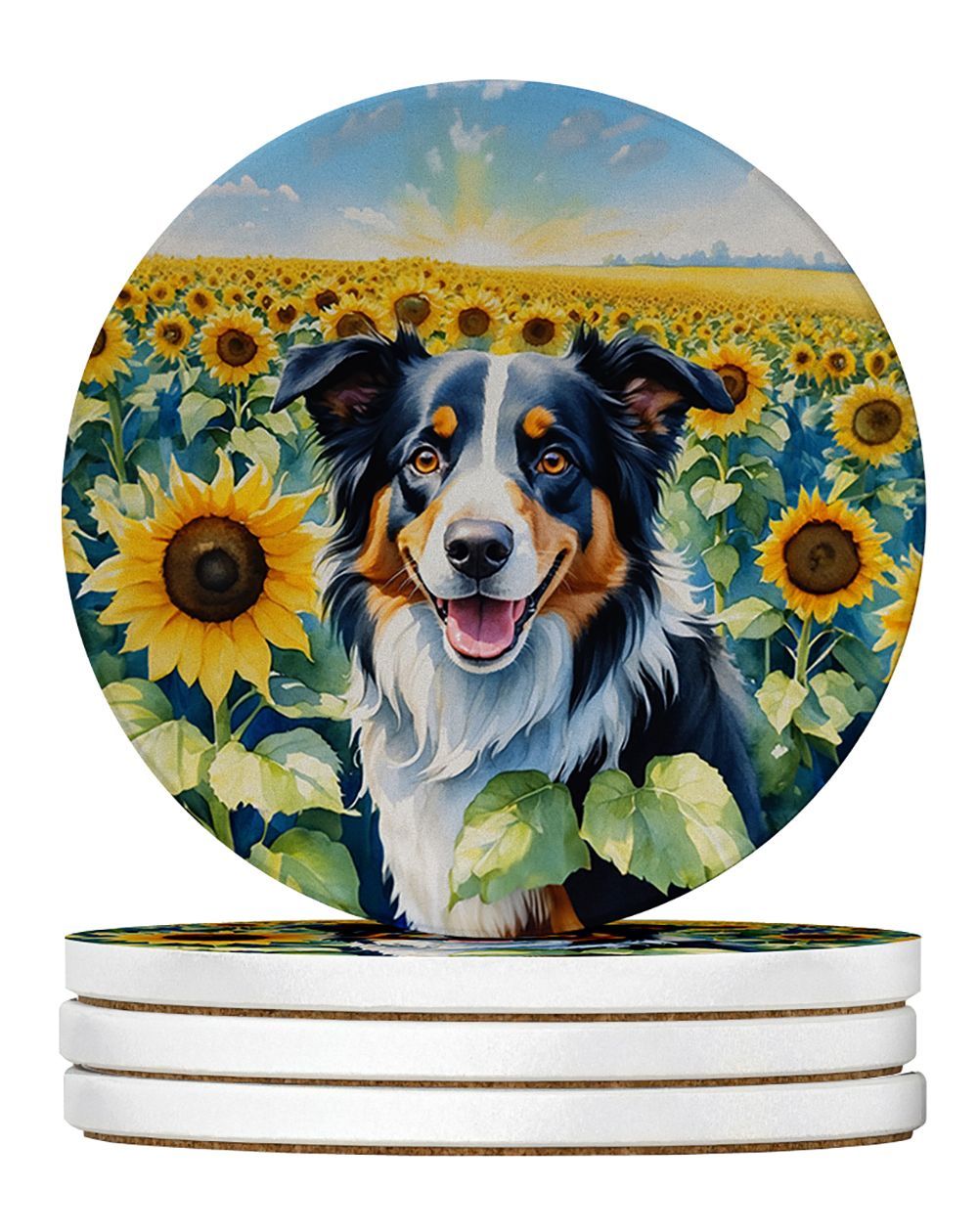 Border Collie In Sunflowers Large Sandstone Coasters Pack Of 4 Absorbent Round Coasters Decor Gifts For Men Or Women, 4 In, Multicolor_maomaolike.com