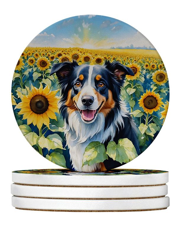 Border Collie In Sunflowers Large Sandstone Coasters Pack Of 4 Absorbent Round Coasters Decor Gifts For Men Or Women, 4 In, Multicolor_maomaolike.com