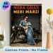 Bollywood Style Independent Woman Painting Poster, Vintage Stylish Poster, Woman In Denim Sari With Classic Motorcycle & Bold Typography_maomaolike.com