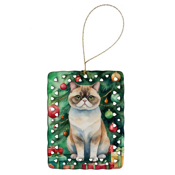 Exotic Shorthair Cat By The Christmas Tree Porcelain Ornament Christmas Tree Hanging Decorations For Home Christmas Holiday, Rectangle, Gift, Multicolor_maomaolike.com