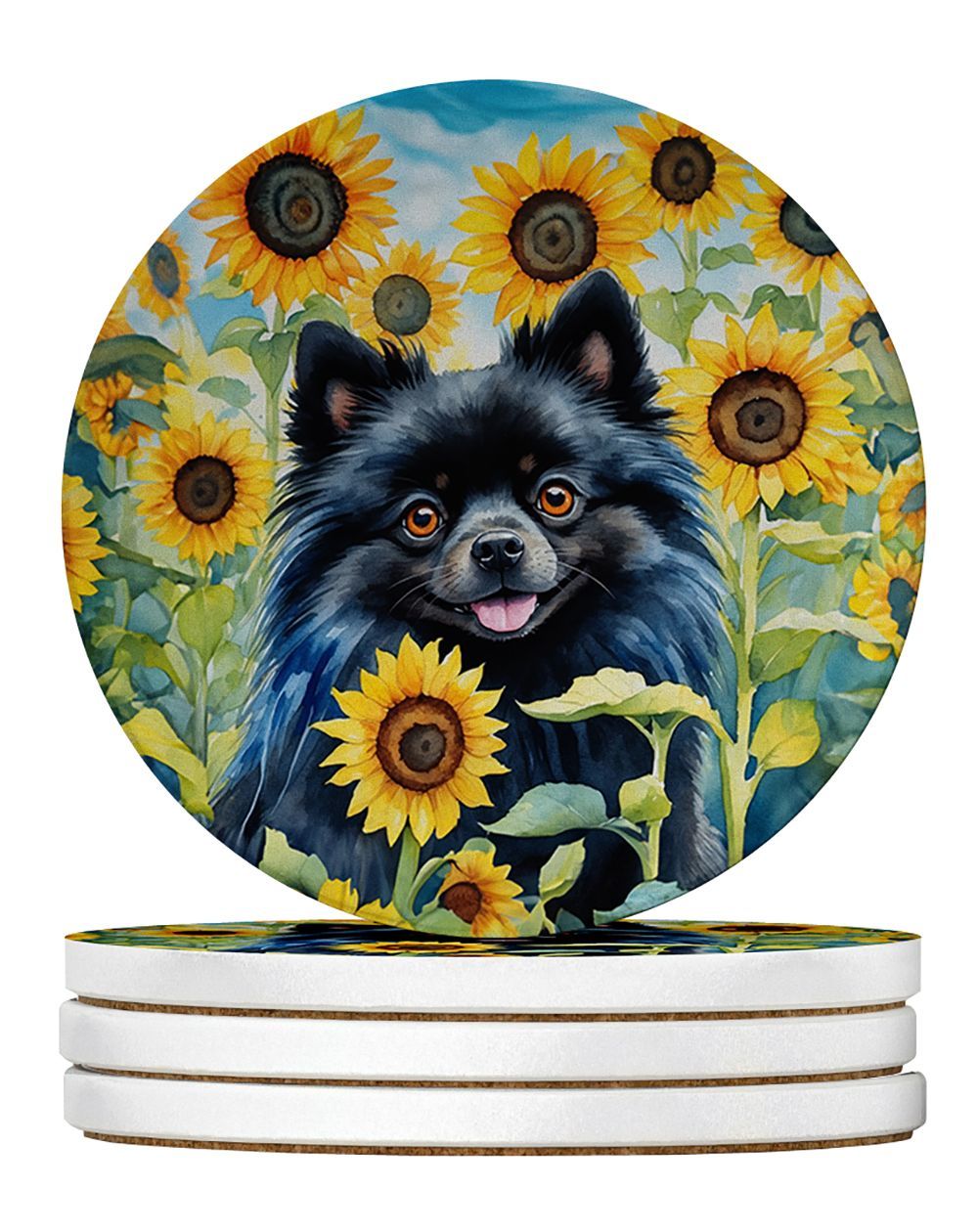 Pomeranian In Sunflowers Large Sandstone Coasters Pack Of 4 Absorbent Round Coasters Decor Gifts For Men Or Women, 4 In, Multicolor_maomaolike.com