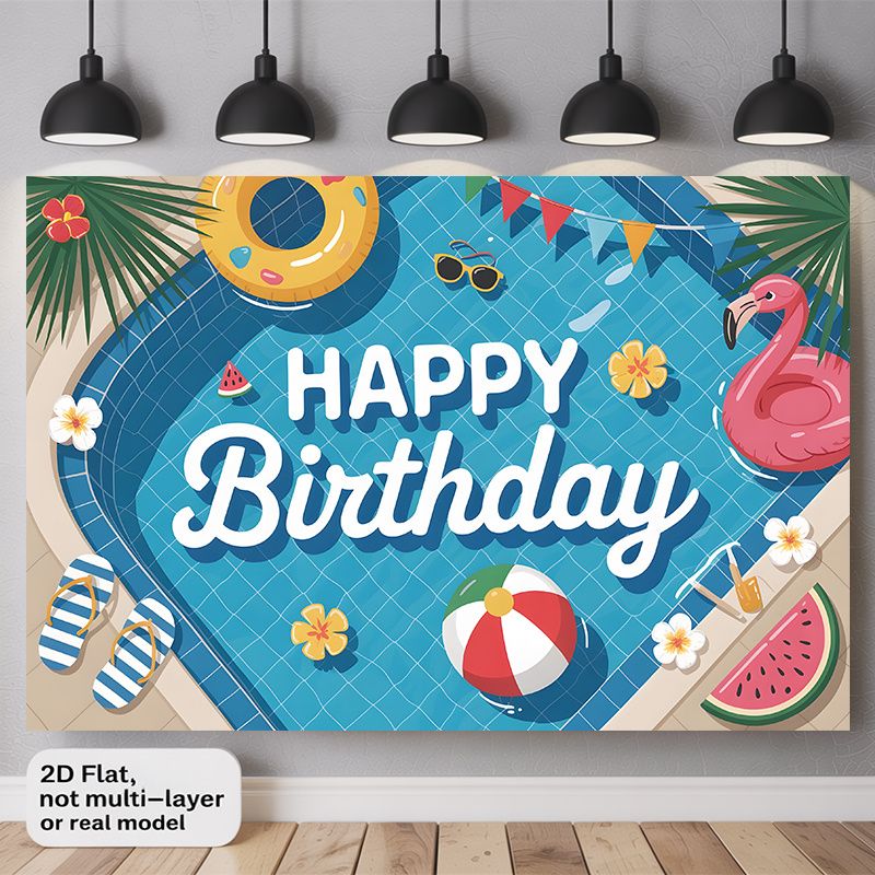 Tropical Pool Party Birthday Banner - 2D Flat Polyester Wall Hanging With Flamingos, Palm Leaves, Beach Balls, Photo Backdrop, Summer Party Decor_maomaolike.com