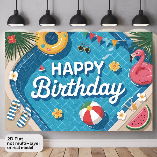 Tropical Pool Party Birthday Banner - 2D Flat Polyester Wall Hanging With Flamingos, Palm Leaves, Beach Balls, Photo Backdrop, Summer Party Decor_maomaolike.com