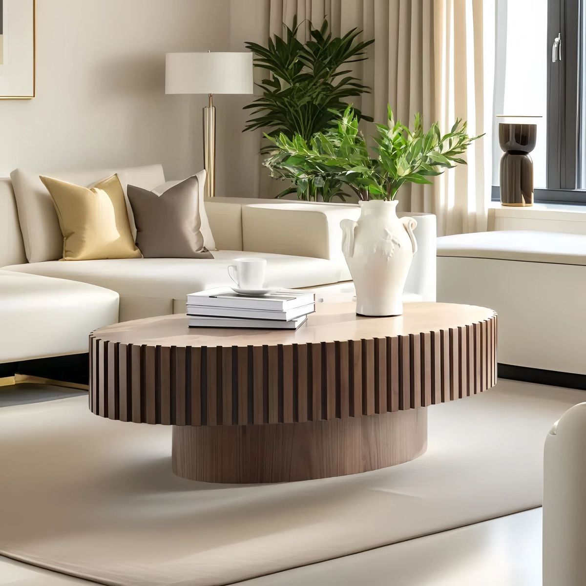 Modern Handcraft Drum Coffee Table Length 43.7 Inch Ellipse Coffee Table For Living Room,Oval Small Coffee Table With Sturdy Pedestal_maomaolike.com