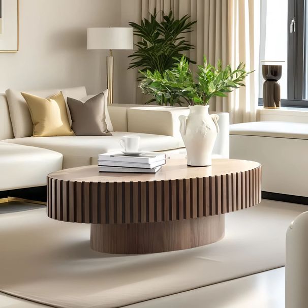 Modern Handcraft Drum Coffee Table Length 43.7 Inch Ellipse Coffee Table For Living Room,Oval Small Coffee Table With Sturdy Pedestal_maomaolike.com